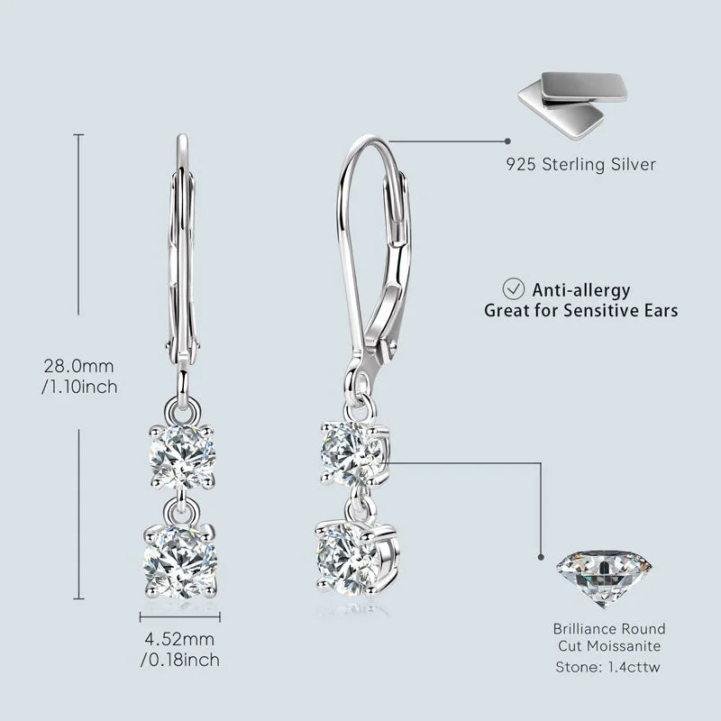 Anziw 42mm Long Dangle D Moissanite Drop Earrings for Women 925 Sterling Silver Hoop Clip Earrings Wedding Fine Jewelry Gift