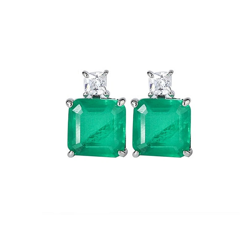 Vintage Simulated Emerald Square Stud Earrings 10*10mm Gemstone Pendant Necklace Silver 925 Plated Copper Women's Jewelry Gift