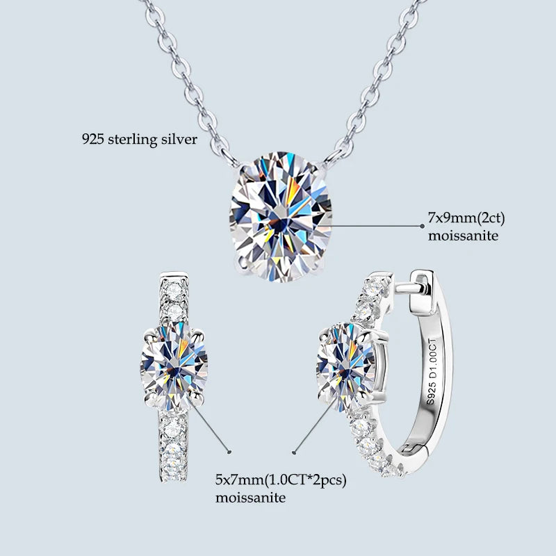 4.0cttw Oval Cut D Moissanite Jewelry Set Real 925 Silver Pendant Necklace and Luxury Hoop Earrings Sets for Women Trendy Gift