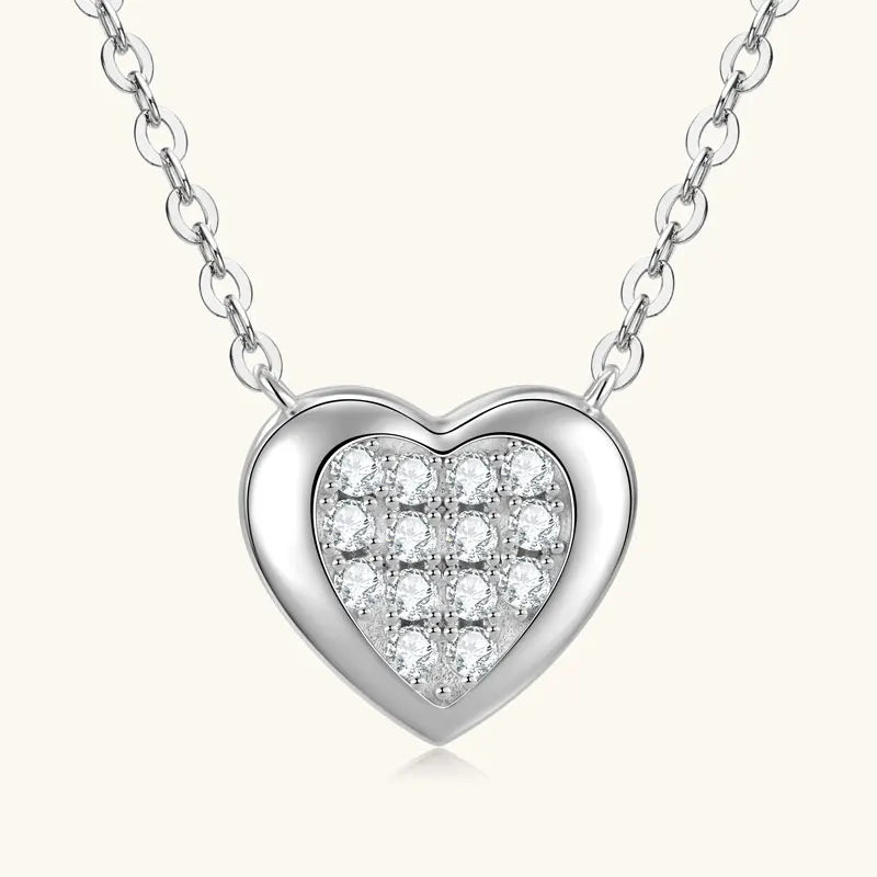 Anziw Love Heart Full Moissanite Solitaire Pendant Necklace for Women 925 Silver Chain Adjustable Collar Jewelry Gift Valentines