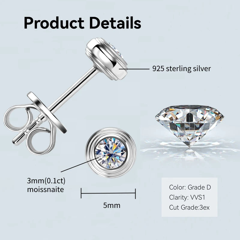 Anziw Bezel 5mm 6.5mm 1CT D Color Moissanite Earrings 925 Sterling Silver Plated K Gold Earrings for Men Women Gift Valentine's