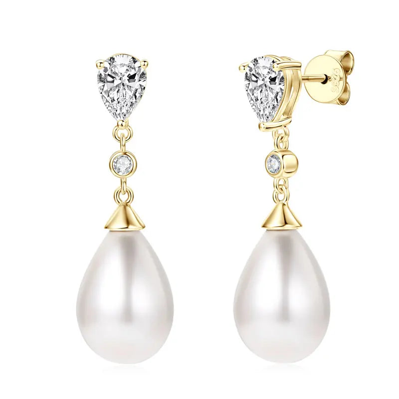 Anziw Elegant 925 Sterling Silver Earrings 13mm White Shell Pearl Drop Stud Earrings Engagement Wedding Fine Jewelry for Women