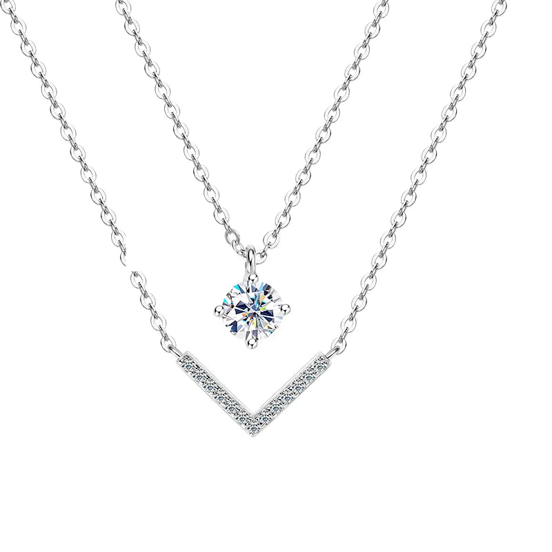 Anziw V Letter 5mm Moissanite Pendant Double Layer Necklace for Women 925 Sterling Silver Chain Clavicle 2025 New Jewelry Gifts