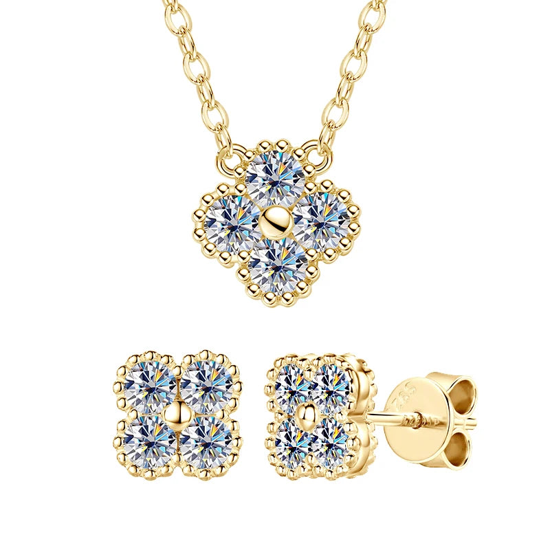 Anziw 3mm D Moissanite Jewelry Set Clover Flower Pendant Necklace Earrings Bracelet 3 in 1 Sets for Women 925 Silver Charm Gifts