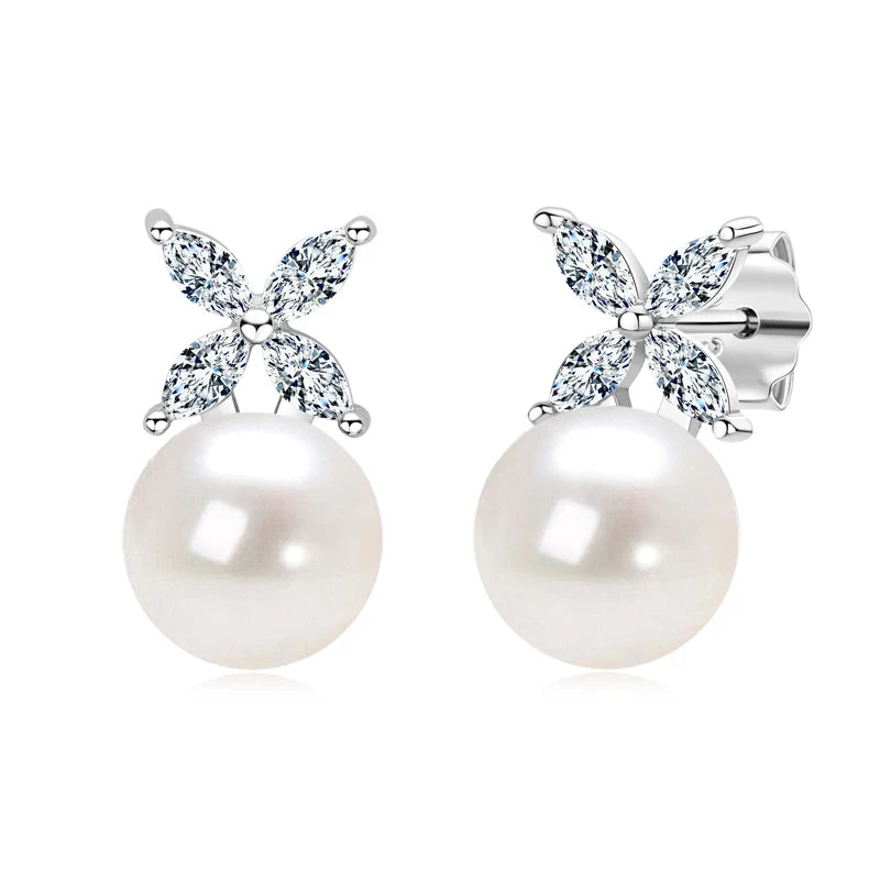 ANZIW Original 925 Sterling Silver Four-leaf Clover Cubic Zircon With 8mm Bread Bead Pearl Stud Earrings for Women Girls Gift