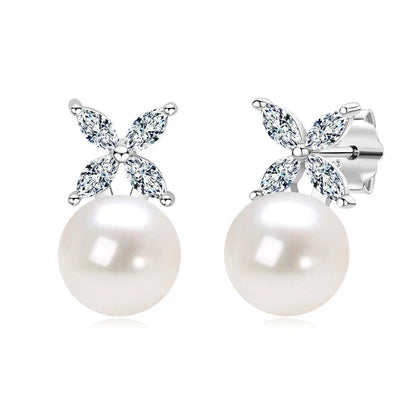 ANZIW Original 925 Sterling Silver Four-leaf Clover Cubic Zircon With 8mm Bread Bead Pearl Stud Earrings for Women Girls Gift