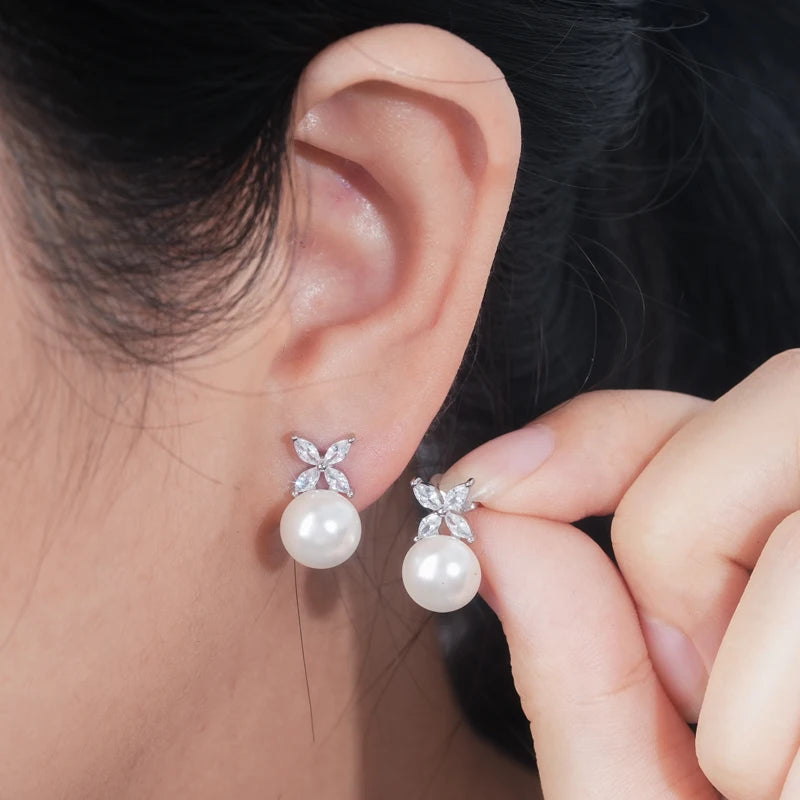 ANZIW Original 925 Sterling Silver Four-leaf Clover Cubic Zircon With 8mm Bread Bead Pearl Stud Earrings for Women Girls Gift