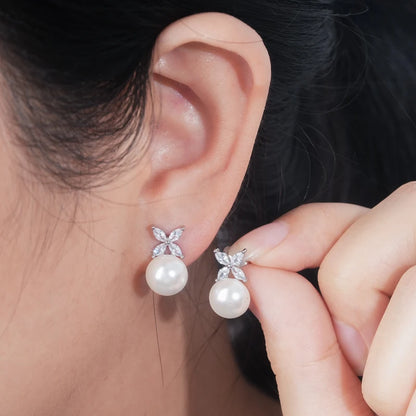 ANZIW Original 925 Sterling Silver Four-leaf Clover Cubic Zircon With 8mm Bread Bead Pearl Stud Earrings for Women Girls Gift