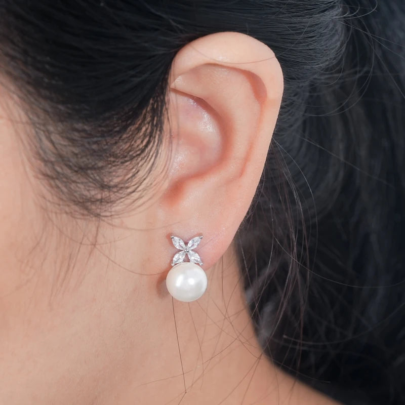 ANZIW Original 925 Sterling Silver Four-leaf Clover Cubic Zircon With 8mm Bread Bead Pearl Stud Earrings for Women Girls Gift