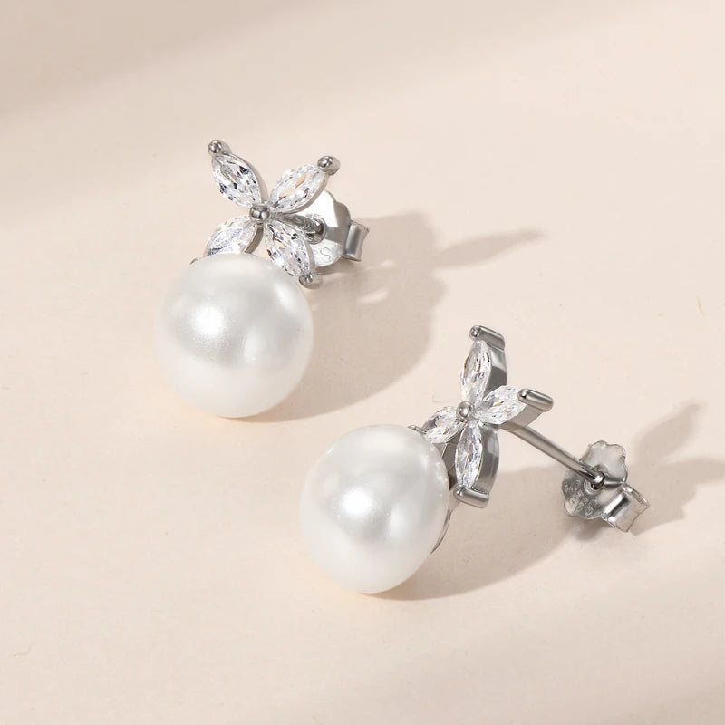 ANZIW Original 925 Sterling Silver Four-leaf Clover Cubic Zircon With 8mm Bread Bead Pearl Stud Earrings for Women Girls Gift