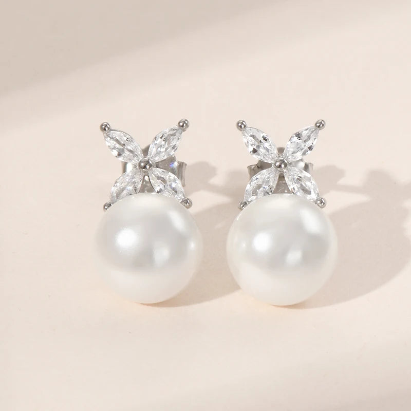 ANZIW Original 925 Sterling Silver Four-leaf Clover Cubic Zircon With 8mm Bread Bead Pearl Stud Earrings for Women Girls Gift