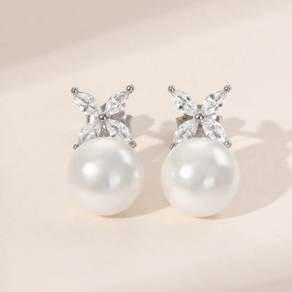ANZIW Original 925 Sterling Silver Four-leaf Clover Cubic Zircon With 8mm Bread Bead Pearl Stud Earrings for Women Girls Gift
