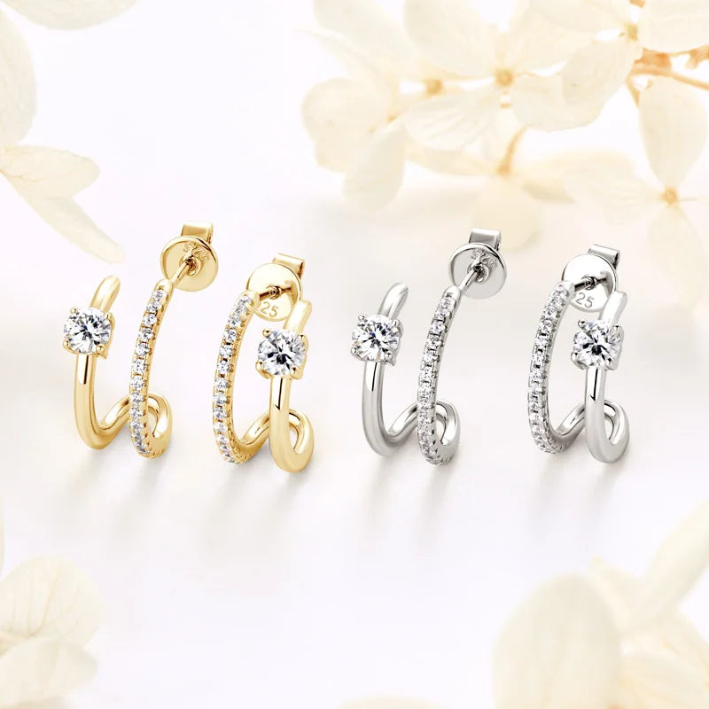 Anziw NEW 4mm Moissanite Piercing Stud Ear Cuffs 925 Sterling Silver Double Side Hoop Earrings for Women Illusion Jewelry Gifts