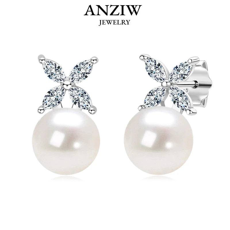 ANZIW Original 925 Sterling Silver Four-leaf Clover Cubic Zircon With 8mm Bread Bead Pearl Stud Earrings for Women Girls Gift