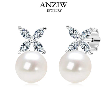 ANZIW Original 925 Sterling Silver Four-leaf Clover Cubic Zircon With 8mm Bread Bead Pearl Stud Earrings for Women Girls Gift