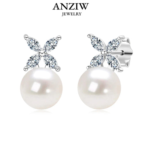 ANZIW Original 925 Sterling Silver Four-leaf Clover Cubic Zircon With 8mm Bread Bead Pearl Stud Earrings for Women Girls Gift