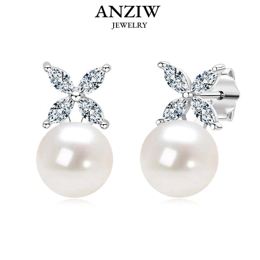 ANZIW Original 925 Sterling Silver Four-leaf Clover Cubic Zircon With 8mm Bread Bead Pearl Stud Earrings for Women Girls Gift