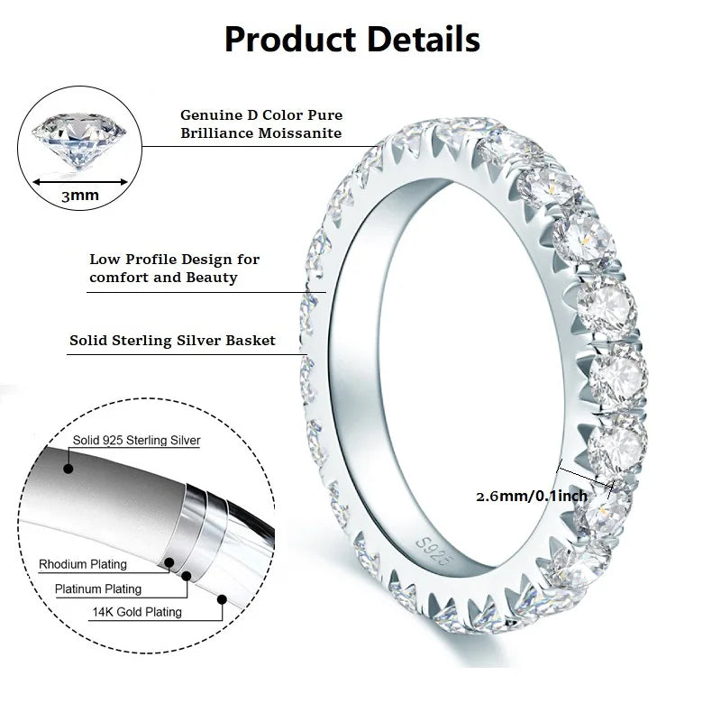 Anziw 3mm D Moissanite Full Eternity Thin Bands Stackable Engagement Wedding Ring White Gold Silver 925 for Women Jewelry Gifts