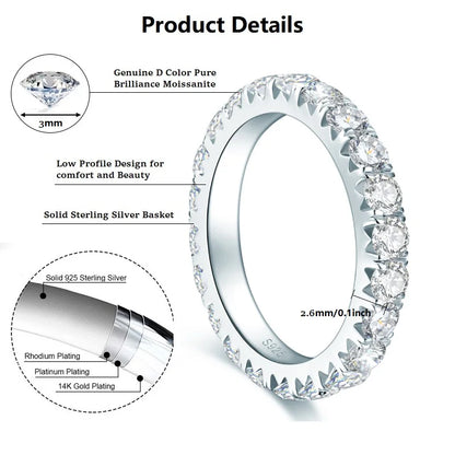 Anziw 3mm D Moissanite Full Eternity Thin Bands Stackable Engagement Wedding Ring White Gold Silver 925 for Women Jewelry Gifts