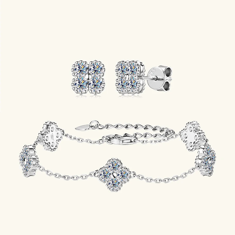 Anziw 3mm D Moissanite Jewelry Set Clover Flower Pendant Necklace Earrings Bracelet 3 in 1 Sets for Women 925 Silver Charm Gifts