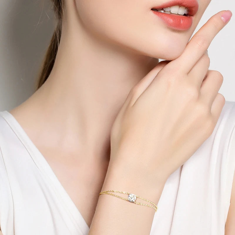 Anziw Real 925 Silver Double Chain Bracelet 6.5mm 1.0ct D Color Moissanite Bracelets With GRA Certificate Jewelry for Women Gift