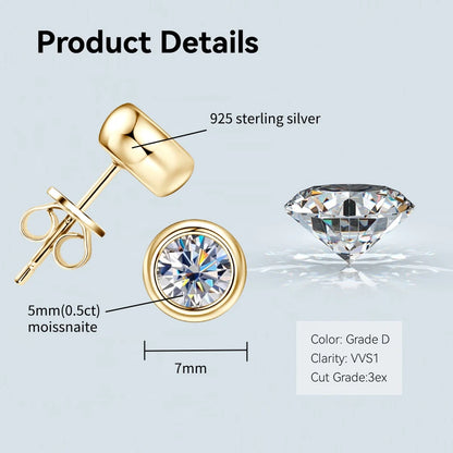 Anziw Bezel 5mm 6.5mm 1CT D Color Moissanite Earrings 925 Sterling Silver Plated K Gold Earrings for Men Women Gift Valentine's