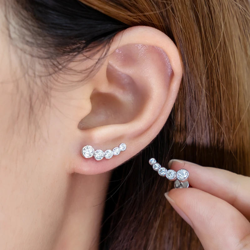 Anziw Earrings Climber with D0.43CT Bezel D Color Moissanite Piercing Studs 100% 925 Silver for Women Jewelry with Certificate
