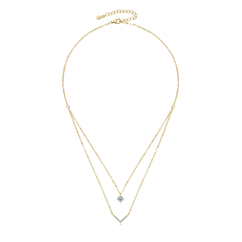 Anziw V Letter 5mm Moissanite Pendant Double Layer Necklace for Women 925 Sterling Silver Chain Clavicle 2025 New Jewelry Gifts