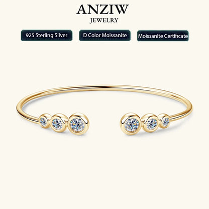 Anziw Simple Open Ended Bracelets Cuff Silver 925 D Color Moissanite Bracelet Bangle for Women Luxury Gold Plated Charm Jewelry