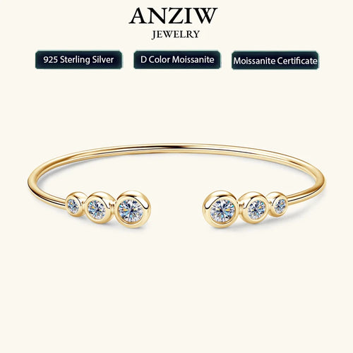 Anziw Simple Open Ended Bracelets Cuff Silver 925 D Color Moissanite Bracelet Bangle for Women Luxury Gold Plated Charm Jewelry