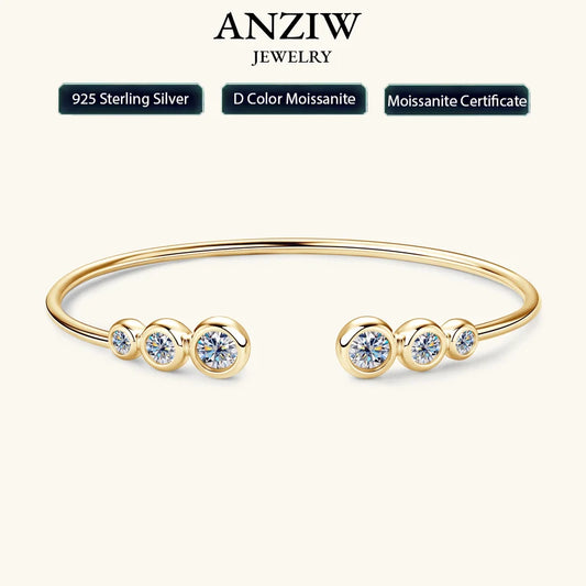 Anziw Simple Open Ended Bracelets Cuff Silver 925 D Color Moissanite Bracelet Bangle for Women Luxury Gold Plated Charm Jewelry