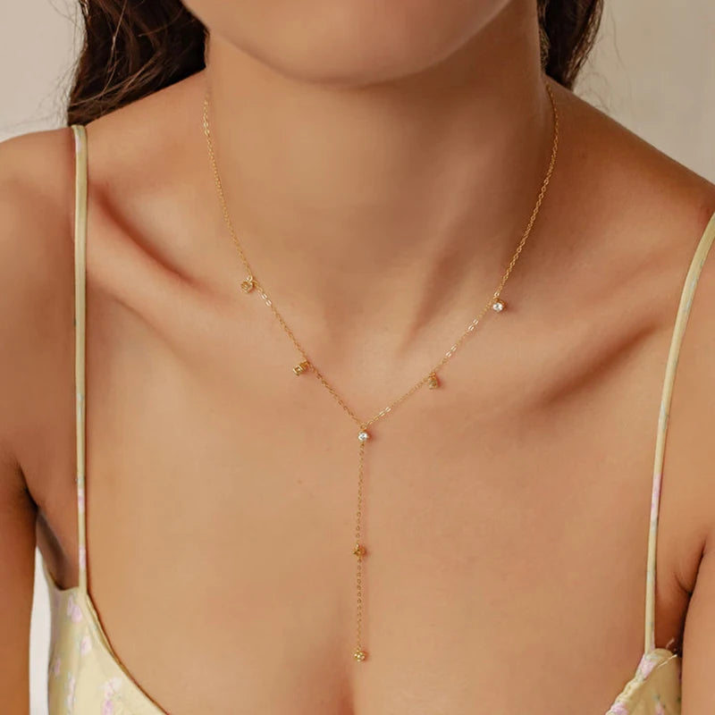 Anziw 3mm Moissanite Y Chain Necklace 925 Sterling Silver Gold Plated Long Tassel Pendant for Women 2024 Trendy Valentine Gift