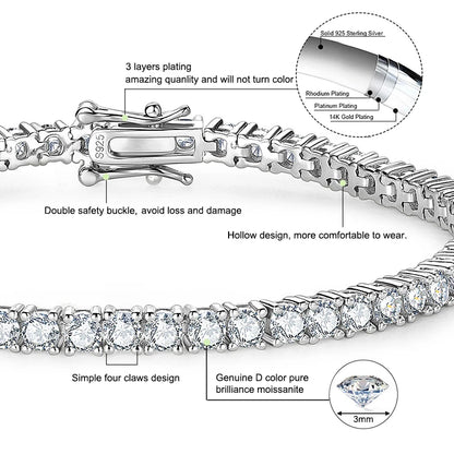 Anziw 925 Sterling Silver Plated 14K Gold Tennis Bracelet 3mm 5mm D VVS1 Round Moissanite Bracelets for Women Men Couples Gifts