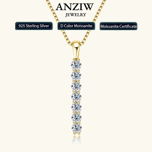 Anziw 2.8mm 0.56ctw. Moissanite Pendant Necklace for Women 925 Silver Adjustable Chain 7-stone Bar Necklaces Trend Jewelry Gifts