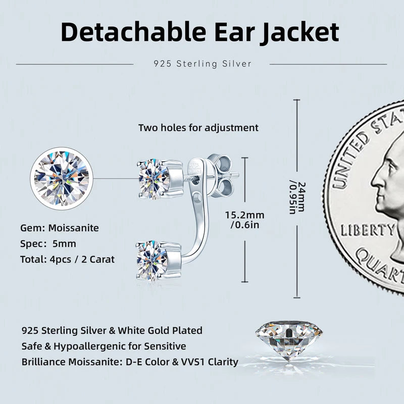 Anziw Trendy Dual Use Earrings Jackets 925 Sterling Silver D Color Moissanite Ear Jacket Studs for Women Jewelry Valentine Gifts