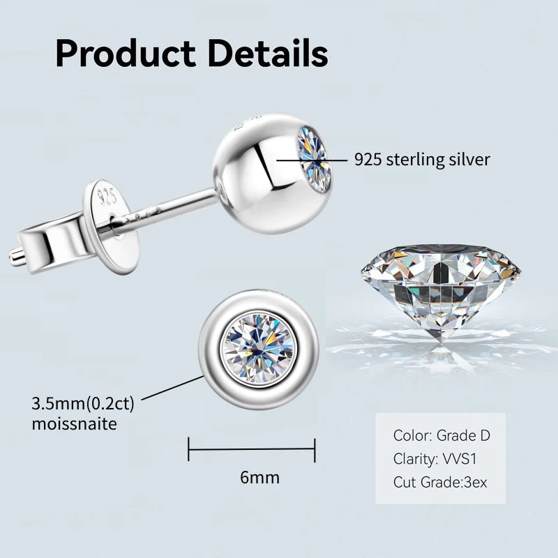 Anziw Bezel 5mm 6.5mm 1CT D Color Moissanite Earrings 925 Sterling Silver Plated K Gold Earrings for Men Women Gift Valentine's