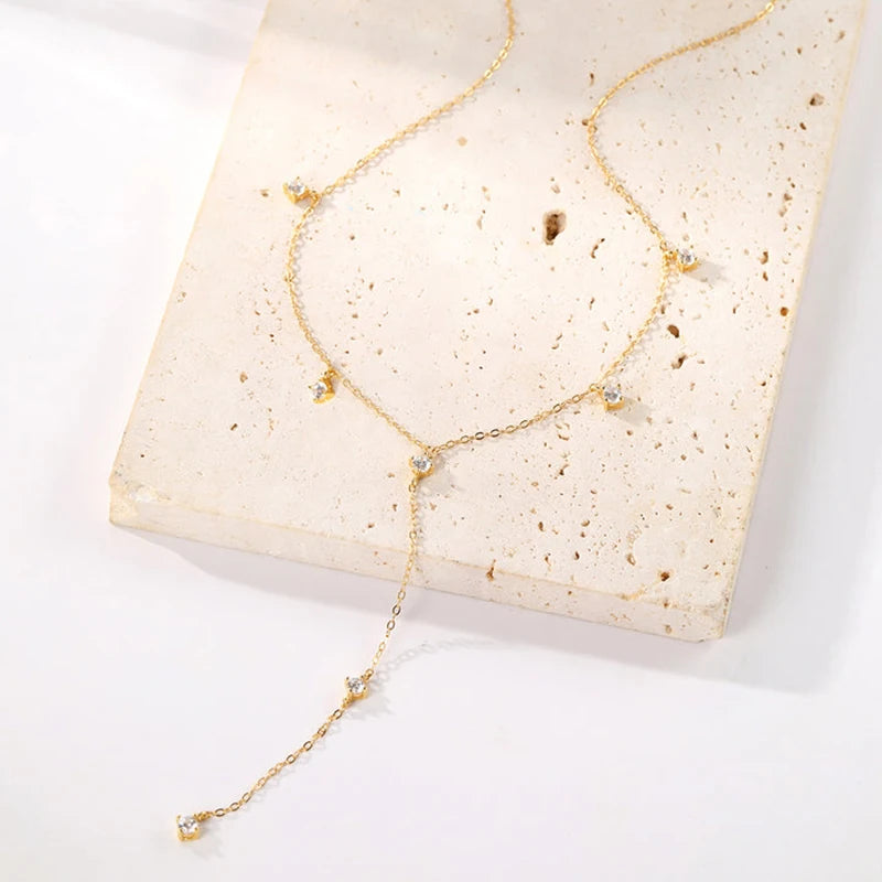 Anziw 3mm Moissanite Y Chain Necklace 925 Sterling Silver Gold Plated Long Tassel Pendant for Women 2024 Trendy Valentine Gift