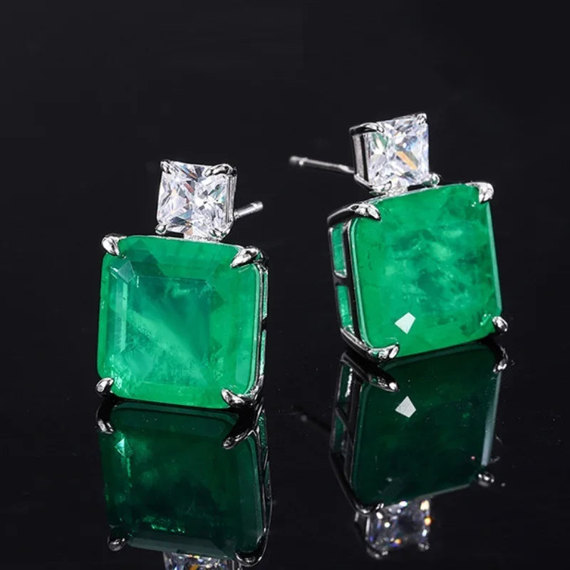 Vintage Simulated Emerald Square Stud Earrings 10*10mm Gemstone Pendant Necklace Silver 925 Plated Copper Women's  Jewelry Gift