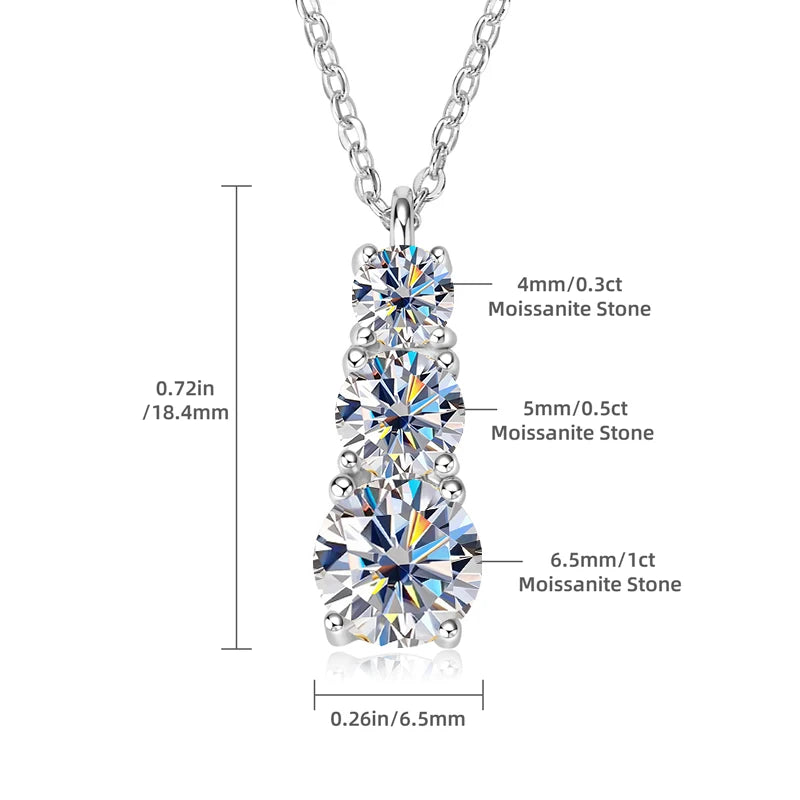 Anziw 925 Silver Necklace 1.80CTW.3 Stones D Color Round Moissanite Pendant Necklace for Women Certified Jewelry 18K Gold Plated