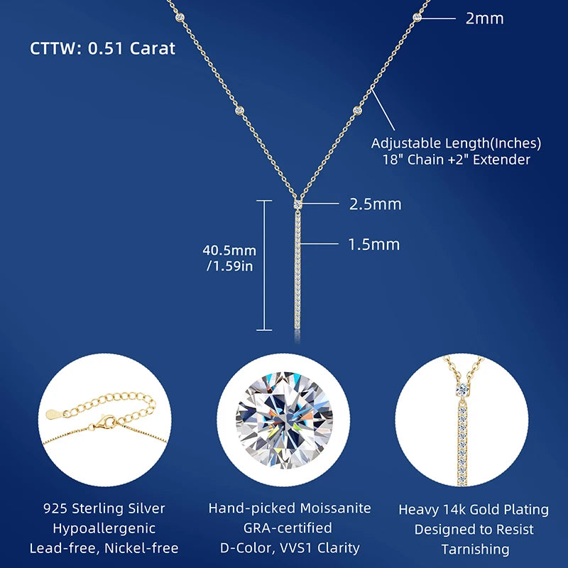 Anziw 40.5mm Long Bar Necklace 925 Silver D Color Moissanite Pendant Necklace for Women Fine Jewelry 2026 Trend Valentine Gifts