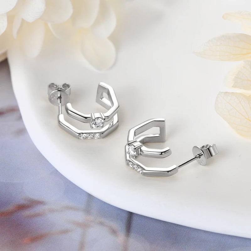 Anziw NEW 4mm Moissanite Piercing Stud Ear Cuffs 925 Sterling Silver Double Side Hoop Earrings for Women Illusion Jewelry Gifts