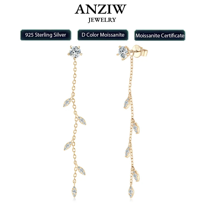 Anziw Leaf Dangle Long Drop Earrings Silver 925 for Women Real Moissanite Chandelier Earrings Wedding Jewelry Korean Accessories