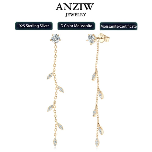 Anziw Leaf Dangle Long Drop Earrings Silver 925 for Women Real Moissanite Chandelier Earrings Wedding Jewelry Korean Accessories