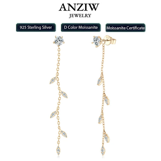 Anziw Leaf Dangle Long Drop Earrings Silver 925 for Women Real Moissanite Chandelier Earrings Wedding Jewelry Korean Accessories