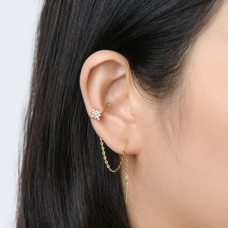 Anziw Moissanite Star Ear Line Cuff Crawler Climber Earrings for Women 925 Silver Long Chain Threader Earring GRA Jewelry Gifts
