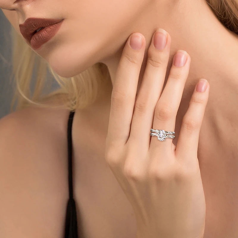 Anziw Original 925 Sterling Sliver Bridal Ring Set 2.0 Carat Oval Moissanite Engagement Wedding Promise Bands Jewelry for Women