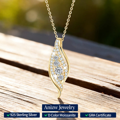 Anziw 2025 Luxury Moissanite Pendant Necklaces for Women  925 Silver Leaf Shape Waterdrop Necklaces Adjustable Chain Jewel Gifts