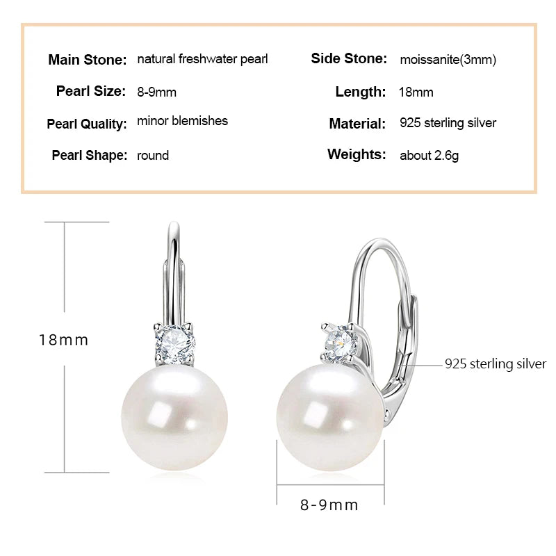 Anziw 925 Sterling Silver 8-9mm Natural Freshwater Pearl and 3mm Moissanite Hoop Drop Earrings Wedding Fine Jewelry for Women