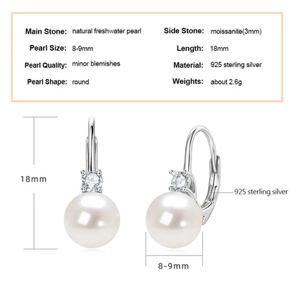 Anziw 925 Sterling Silver 8-9mm Natural Freshwater Pearl and 3mm Moissanite Hoop Drop Earrings Wedding Fine Jewelry for Women