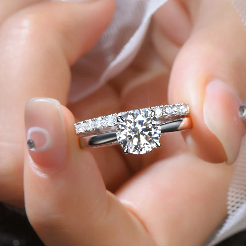 ANZIW 8mm 2.0ct Moissanite Wedding Ring Set Solitaire Diamond Engagement Ring Band for Women Full Eternity Band Girls 925 Silver